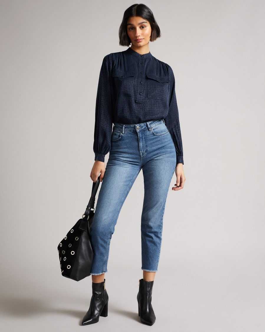 Ted Baker Agnez Grandad Collar Cupro Blouse Dark Blue | 1350862-UB