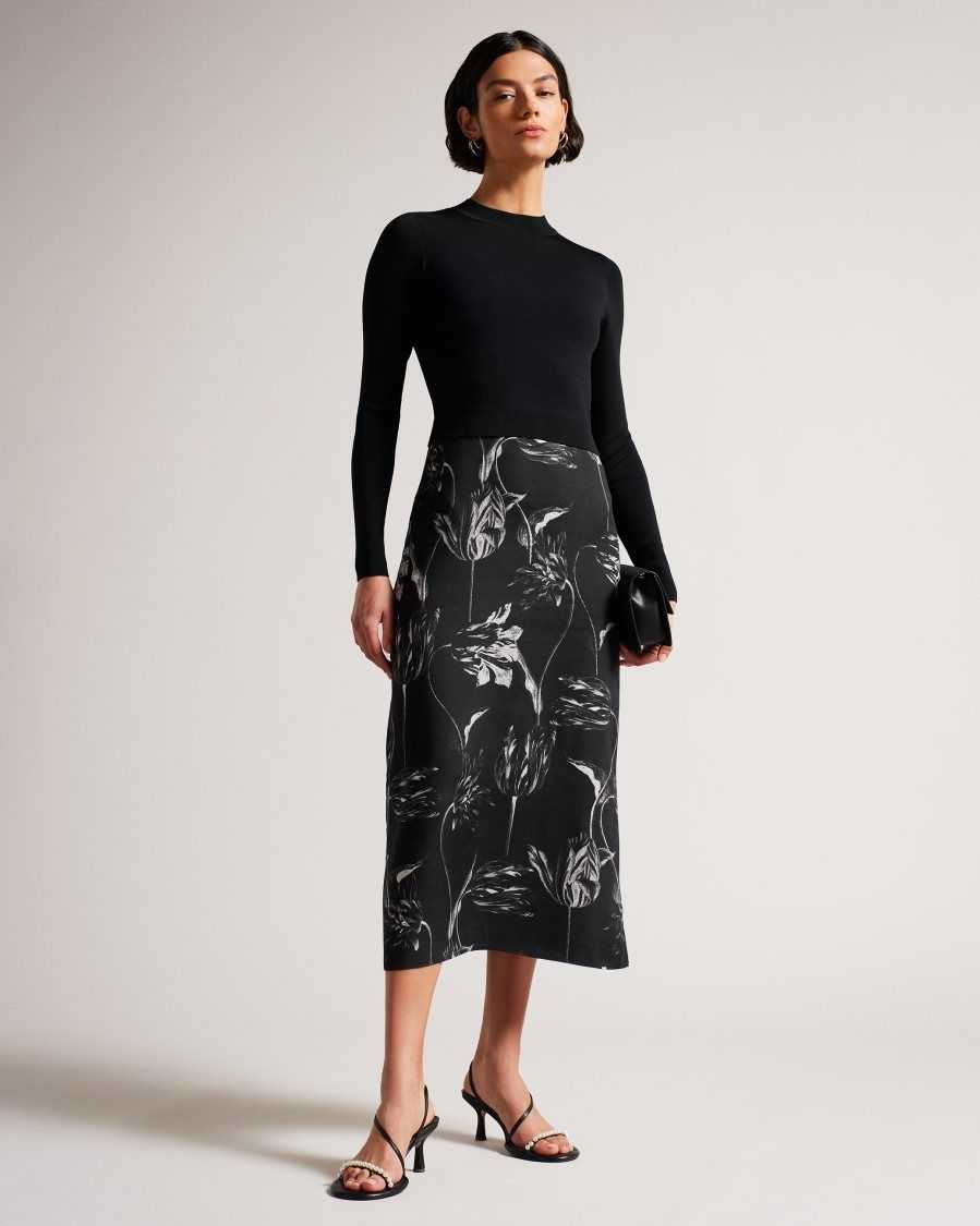 Ted Baker Alettaa Knit Bodice Slip Skirt Dress Black | 6598420-PM