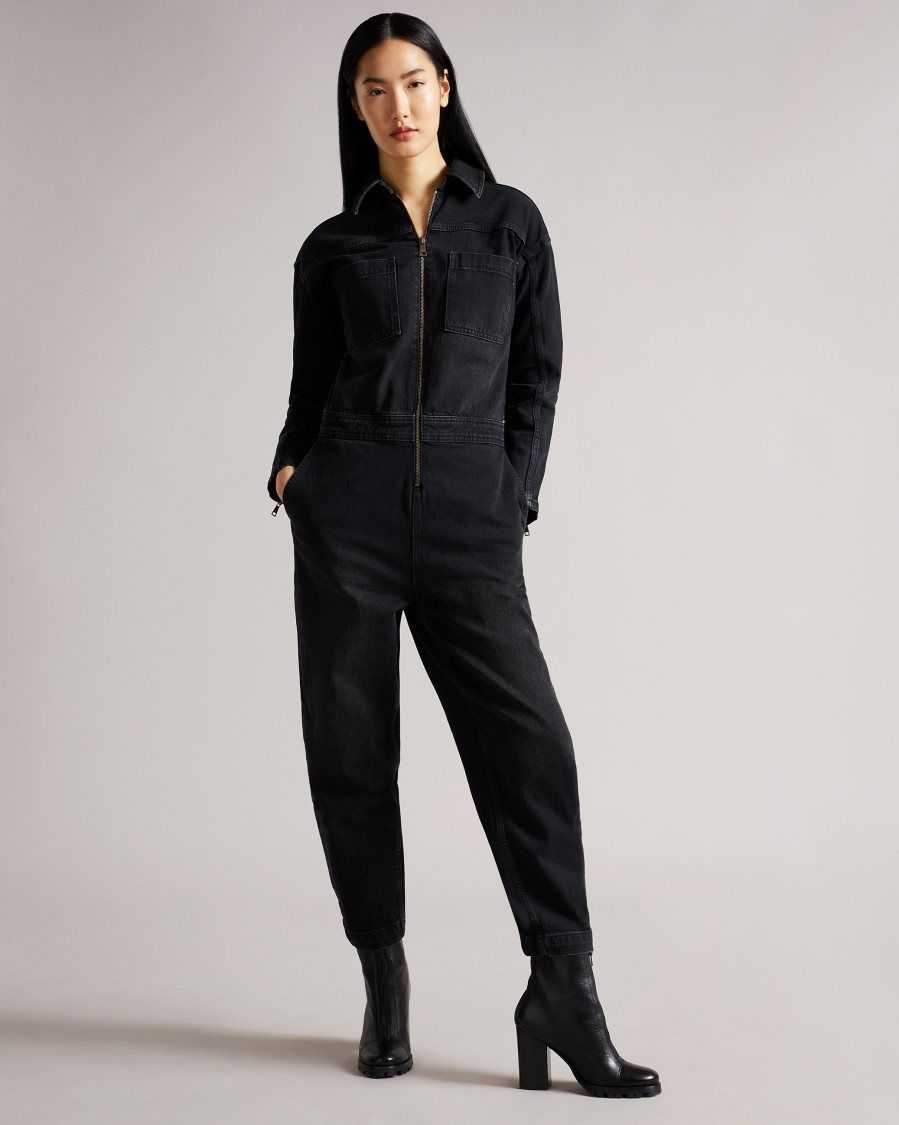 Ted Baker Aleyah Denim Zip Front Jumpsuit Black | 4673819-VP