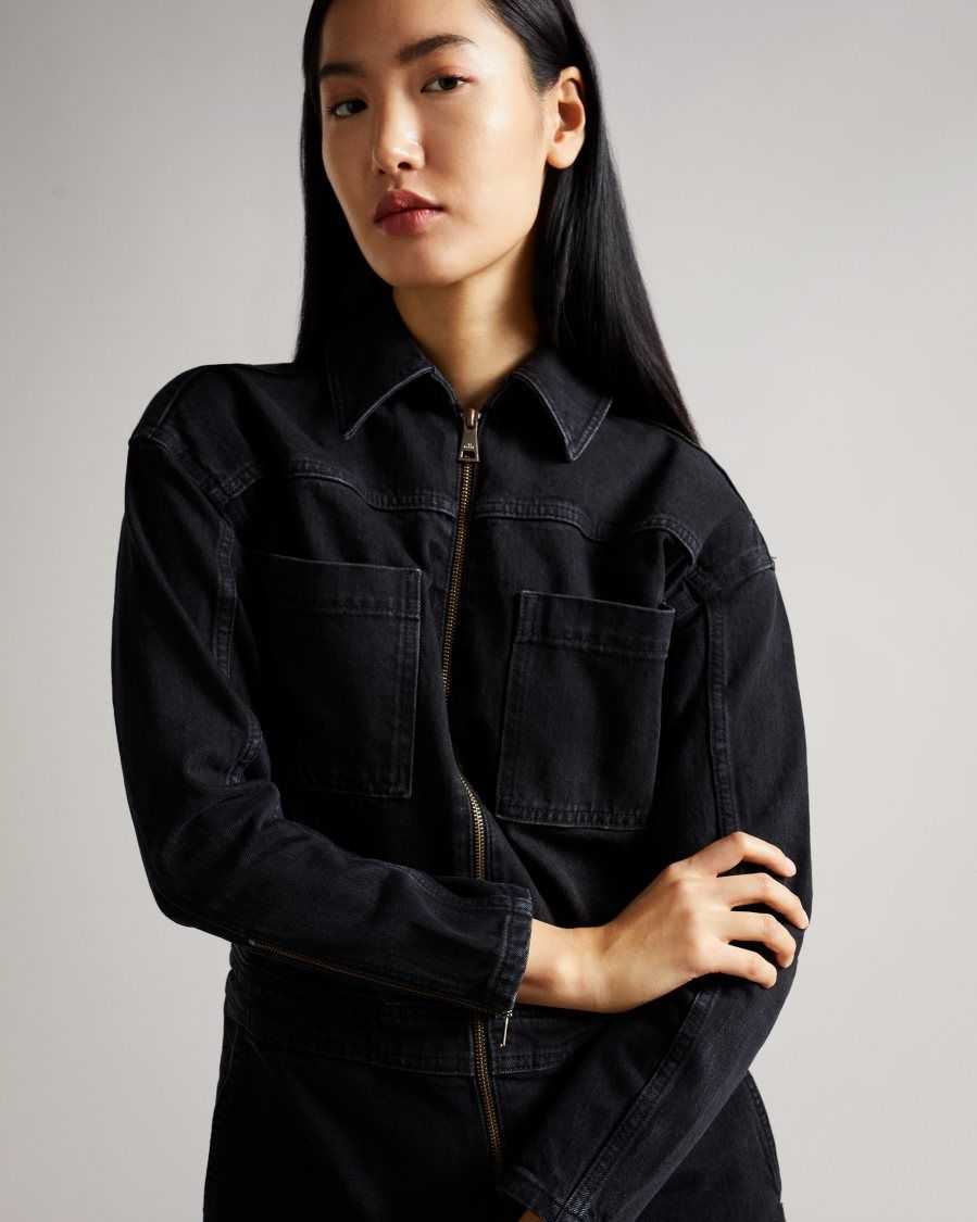 Ted Baker Aleyah Denim Zip Front Jumpsuit Black | 4673819-VP