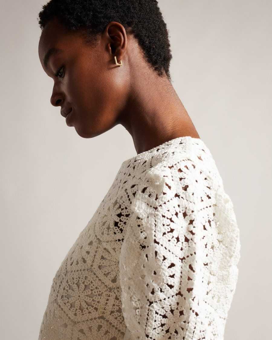 Ted Baker Ambya Crochet Knit Puff Sleeve Top White | 2893601-ZW