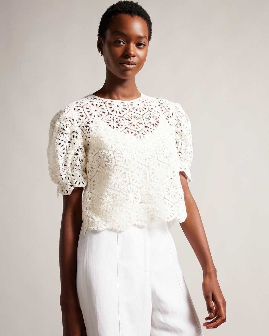 Ted Baker Ambya Crochet Knit Puff Sleeve Top White | 2893601-ZW