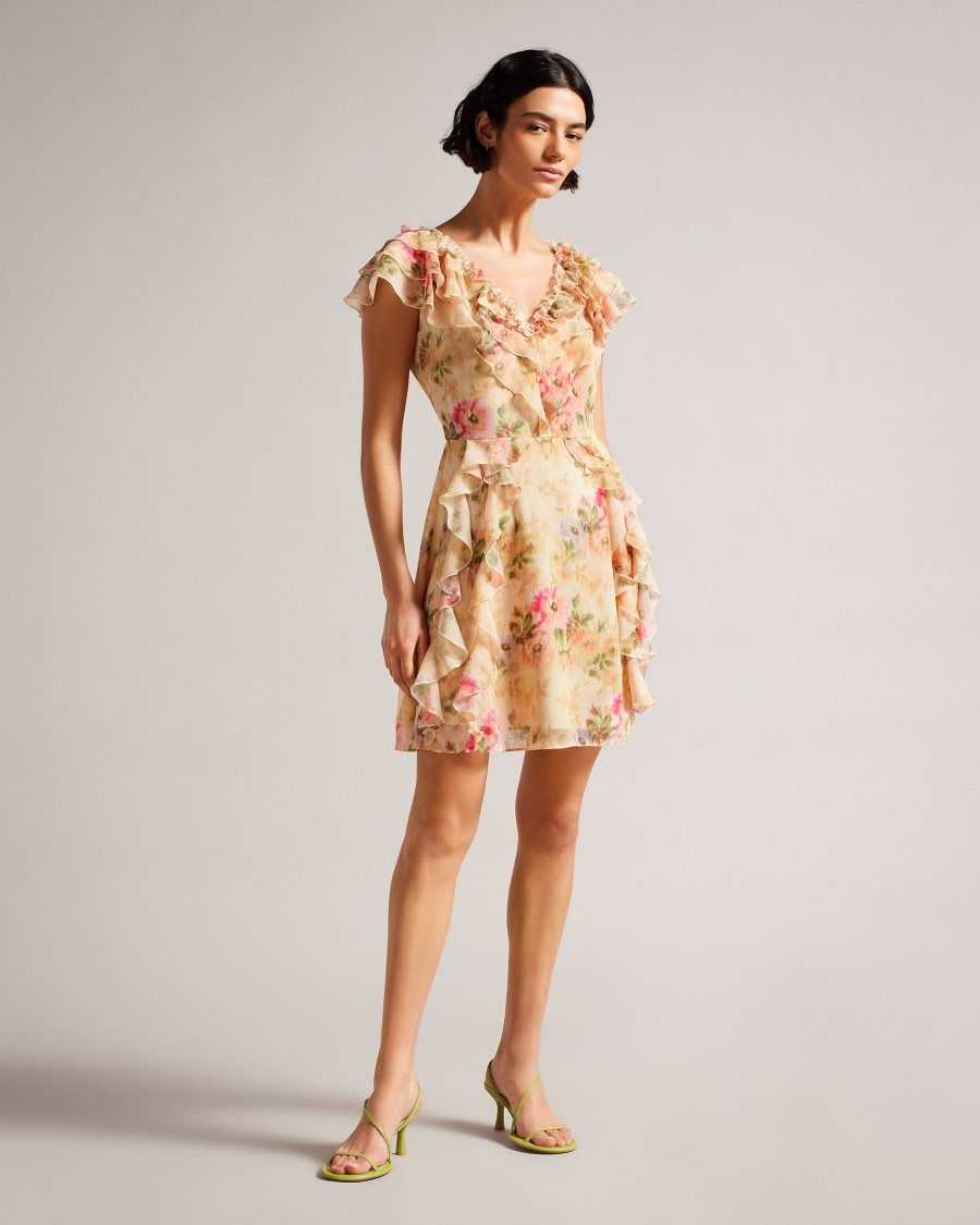 Ted Baker Ammiah Frilled Floral V Neck Mini Dress Tan | 2516874-WH