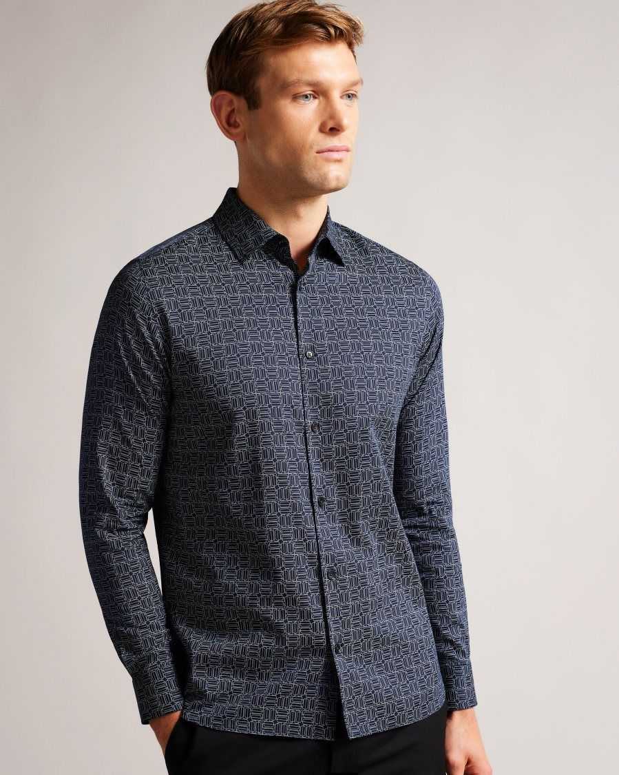 Ted Baker Andover Long Sleeve Geometric Print Shirt Navy | 3597142-MA