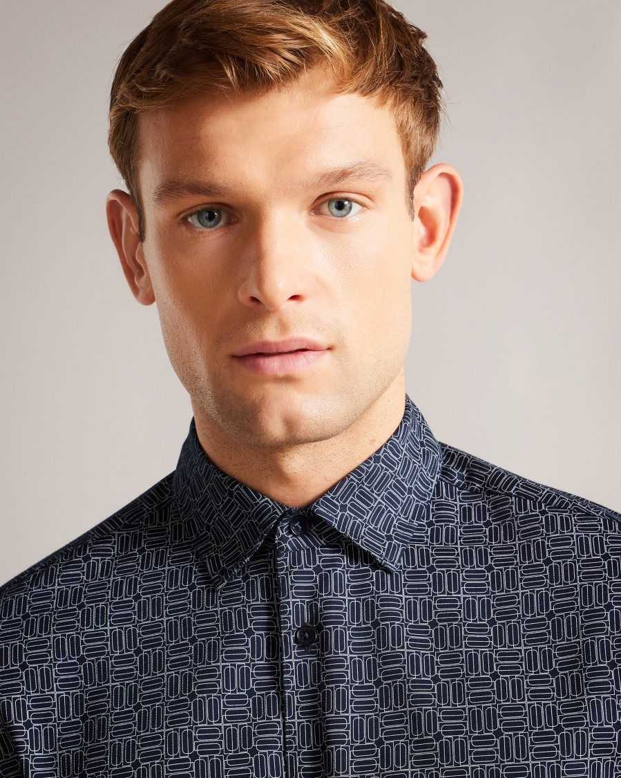 Ted Baker Andover Long Sleeve Geometric Print Shirt Navy | 3597142-MA