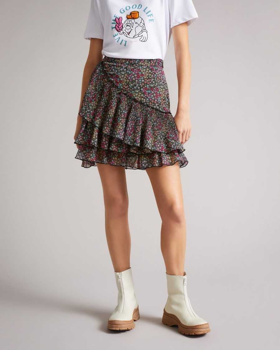 Ted Baker Aneka Tiered floral mini skirt Black | 2501689-SJ