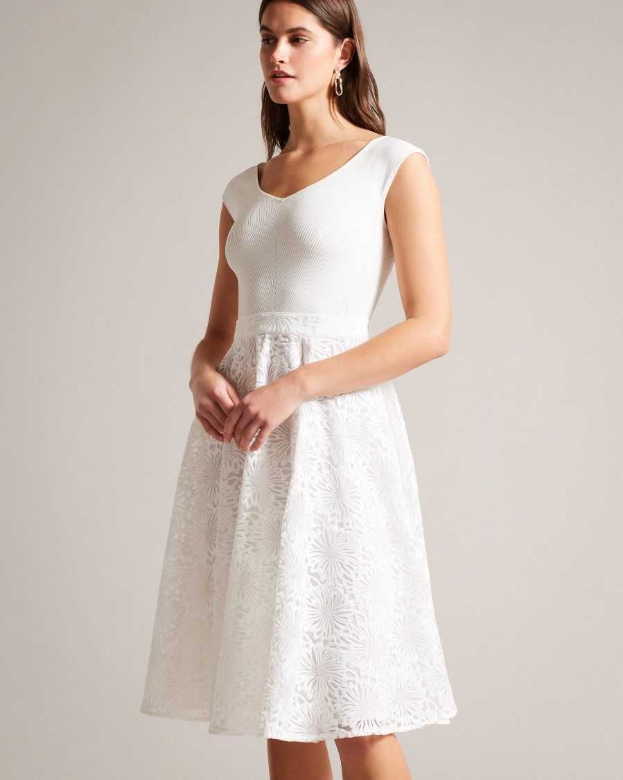 Ted Baker Annikaa Floral Knit Bodice Midi Dress White | 6713592-PA