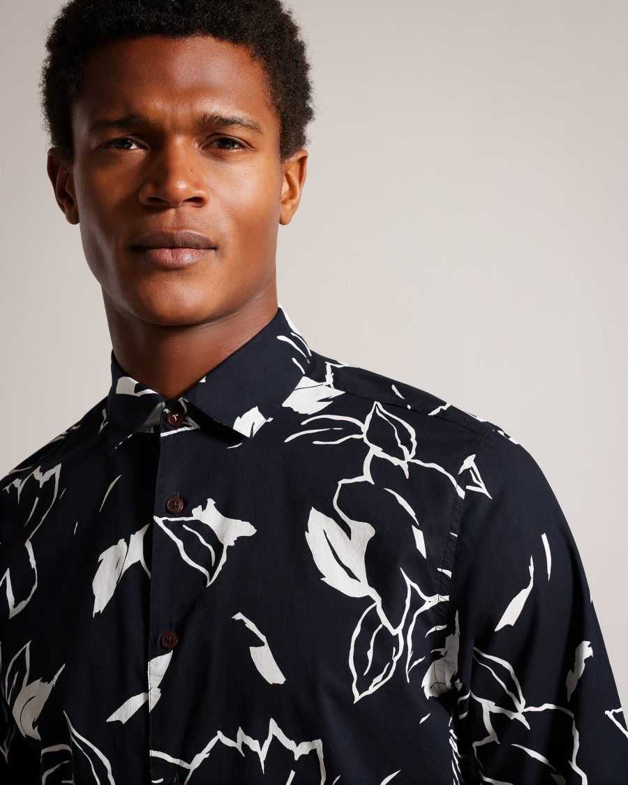 Ted Baker Ashlo Long Sleeve Floral Outline Printed Shirt Navy | 1304672-OF