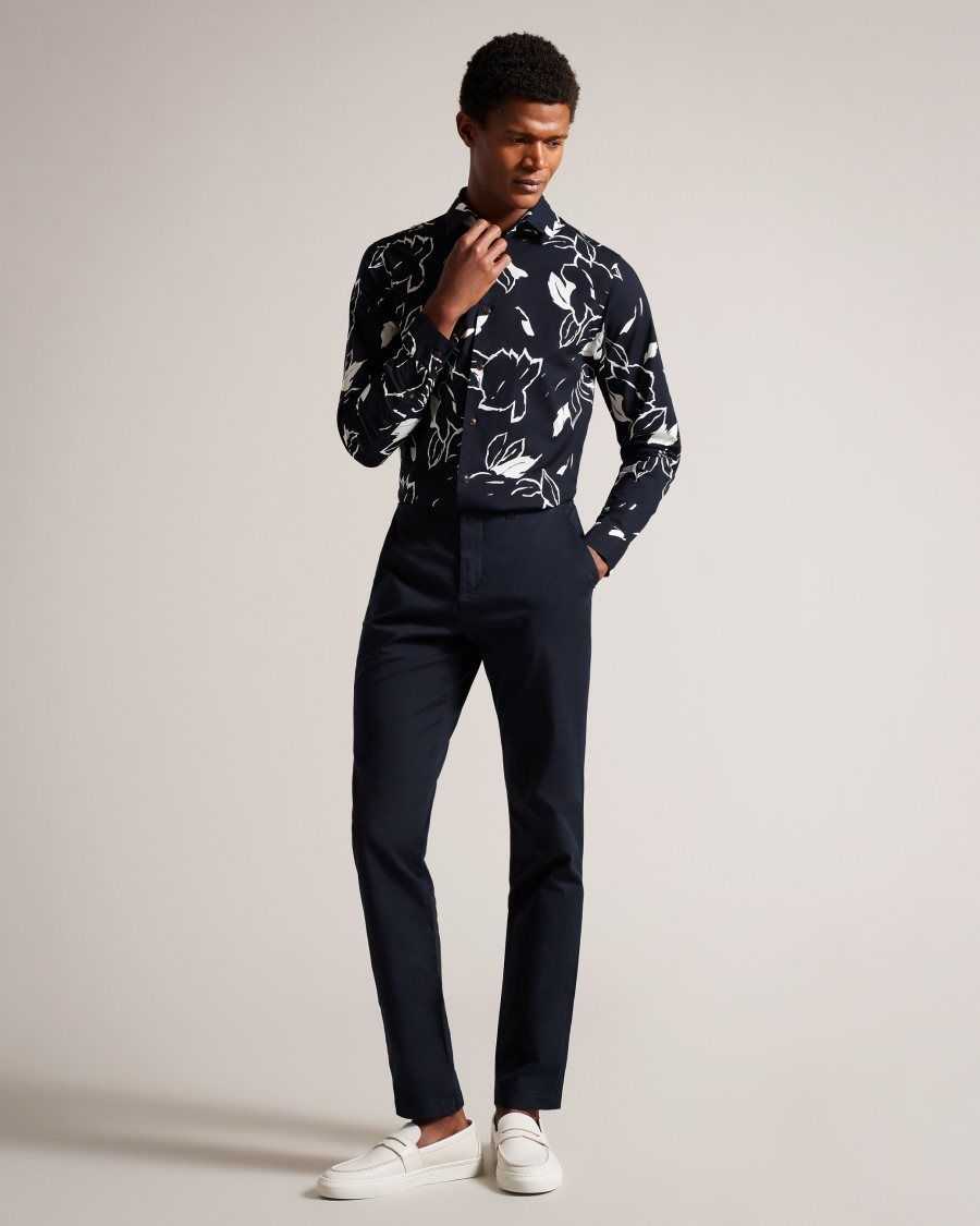 Ted Baker Ashlo Long Sleeve Floral Outline Printed Shirt Navy | 1304672-OF