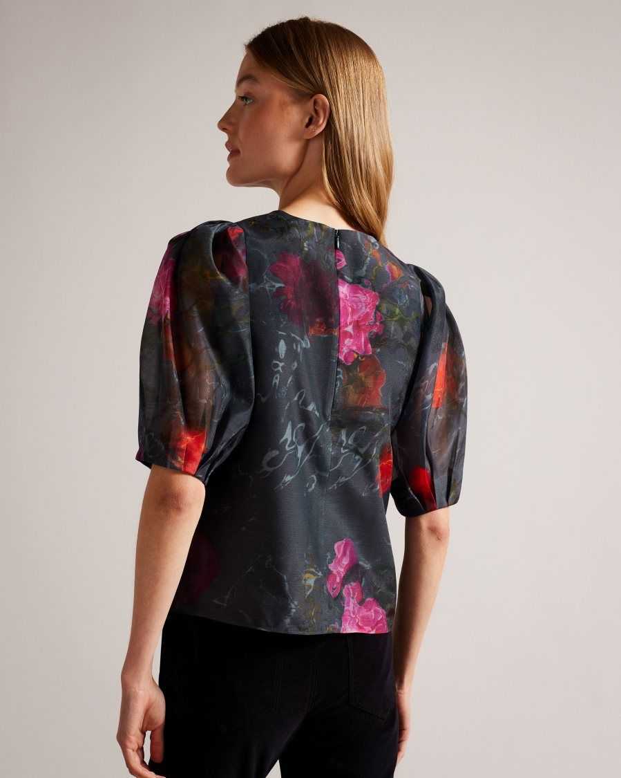 Ted Baker Ayymee Boxy Cropped Top with Puff Sleeve Black | 0269537-KH