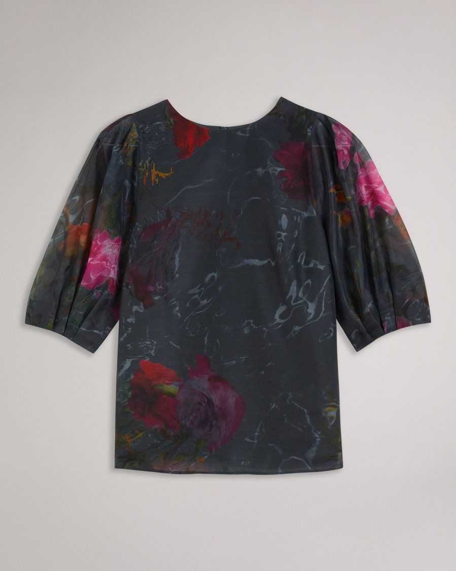 Ted Baker Ayymee Boxy Cropped Top with Puff Sleeve Black | 0269537-KH