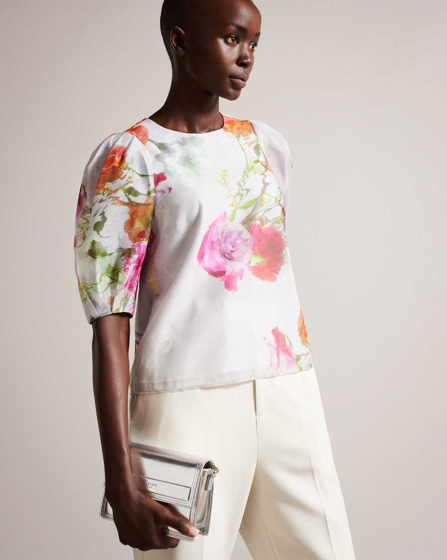 Ted Baker Ayymee Boxy Cropped Top with Puff Sleeve White | 9512304-EM