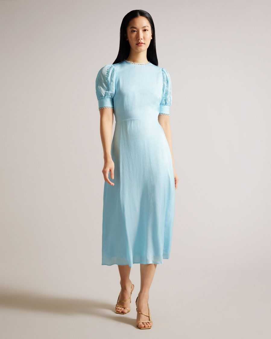 Ted Baker Azilea Puff Sleeve Midi Tea Dress Sky Blue | 4156839-YH