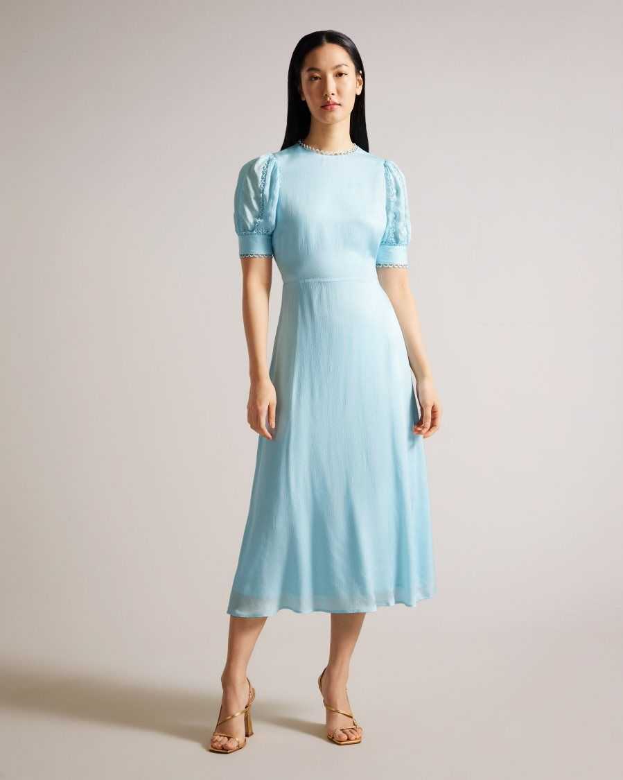 Ted Baker Azilea Puff Sleeve Midi Tea Dress Sky Blue | 4156839-YH