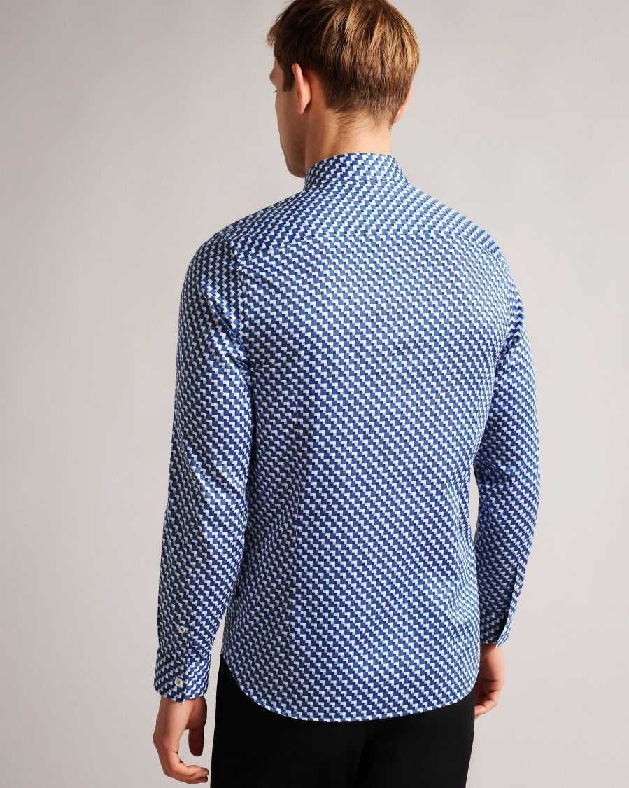 Ted Baker Barder Long Sleeve Cotton Stretch Geometric Shirt Dark Blue | 5062748-JS