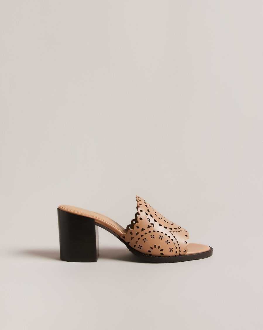 Ted Baker Beebah Laser Cut Block Heel Sandal Light Brown | 5046297-DL