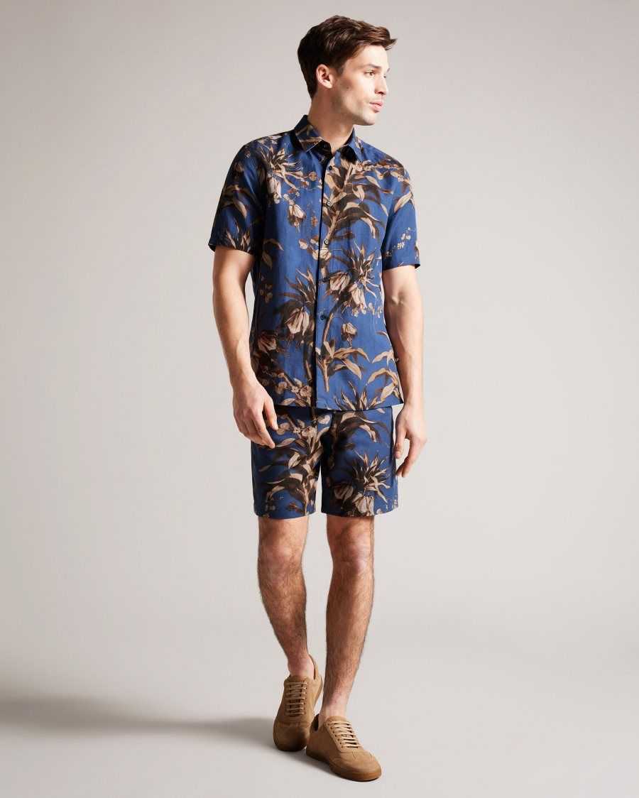 Ted Baker Belmar Short Sleeve Botanical Print Shirt Navy | 2419305-EC