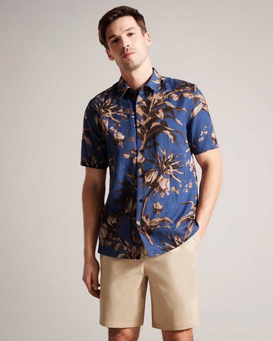 Ted Baker Belmar Short Sleeve Botanical Print Shirt Navy | 2419305-EC