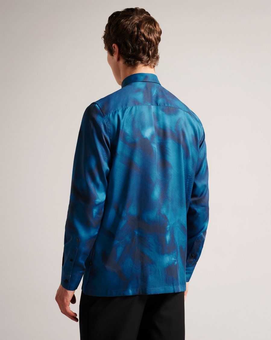 Ted Baker Bentham Long Sleeve Lyocell Abstract Print Shirt Blue | 2589076-NY