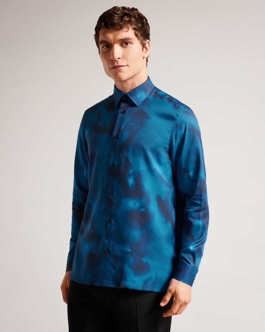 Ted Baker Bentham Long Sleeve Lyocell Abstract Print Shirt Blue | 2589076-NY