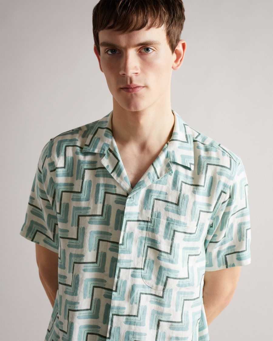 Ted Baker Brecon Short Sleeve Retro Geometric Print Shirt Sky Blue | 1025674-XI