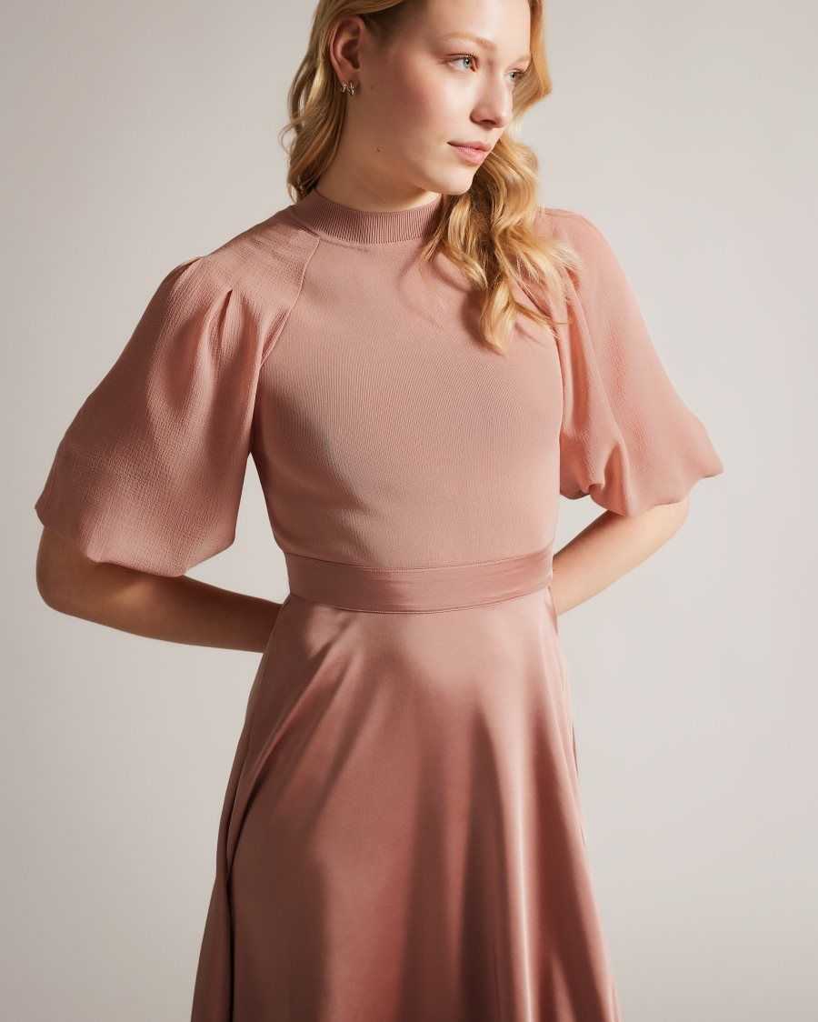 Ted Baker Brontei Puff Sleeve Fitted Bodice Midi Dress Dusky Pink | 0127934-JF