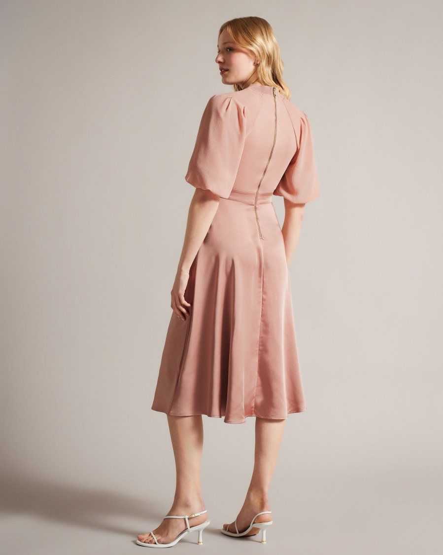 Ted Baker Brontei Puff Sleeve Fitted Bodice Midi Dress Dusky Pink | 0127934-JF