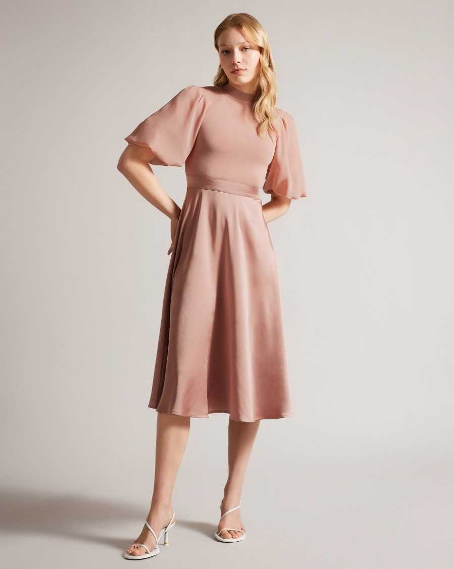 Ted Baker Brontei Puff Sleeve Fitted Bodice Midi Dress Dusky Pink | 0127934-JF