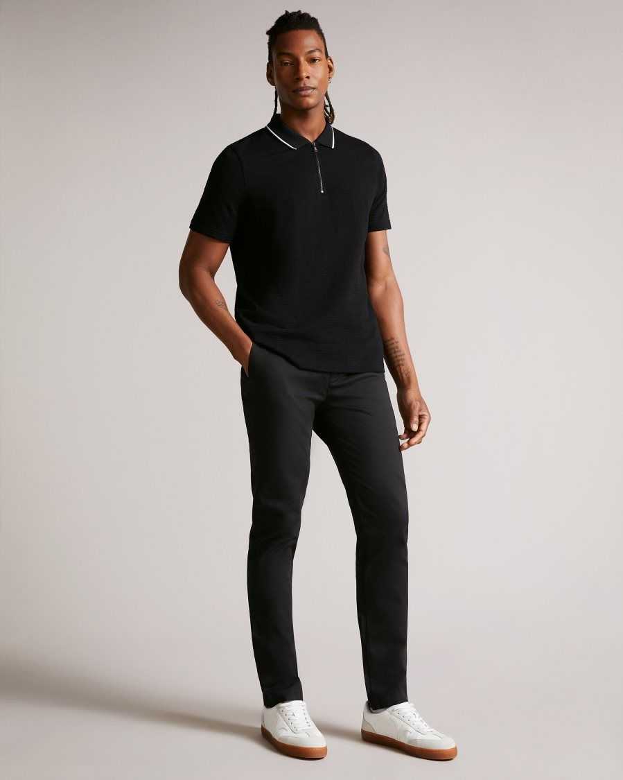 Ted Baker Buer Short Sleeve Textured Zip Polo Shirt Black | 4510876-CP