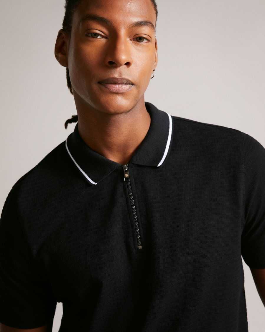 Ted Baker Buer Short Sleeve Textured Zip Polo Shirt Black | 4510876-CP