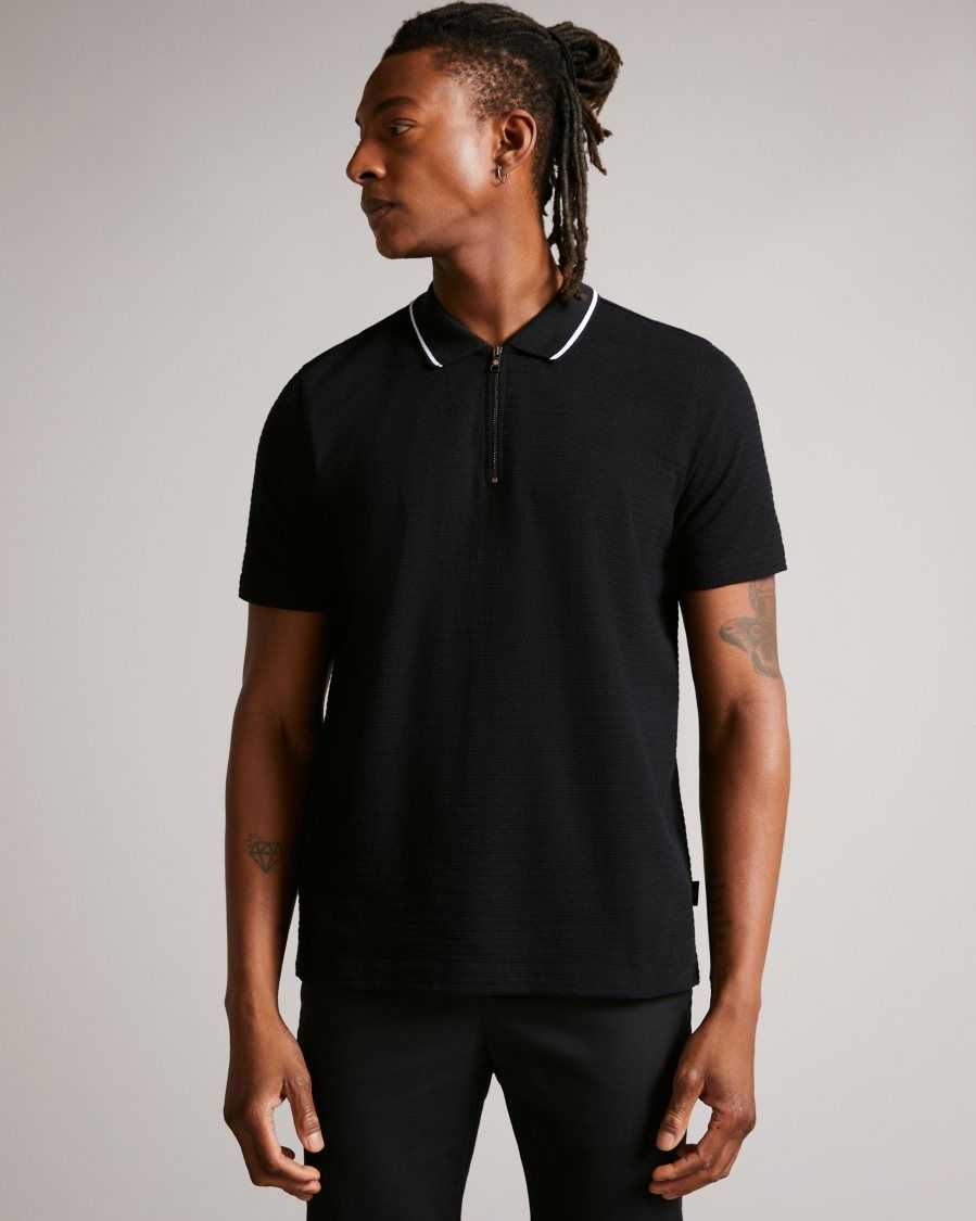 Ted Baker Buer Short Sleeve Textured Zip Polo Shirt Black | 4510876-CP