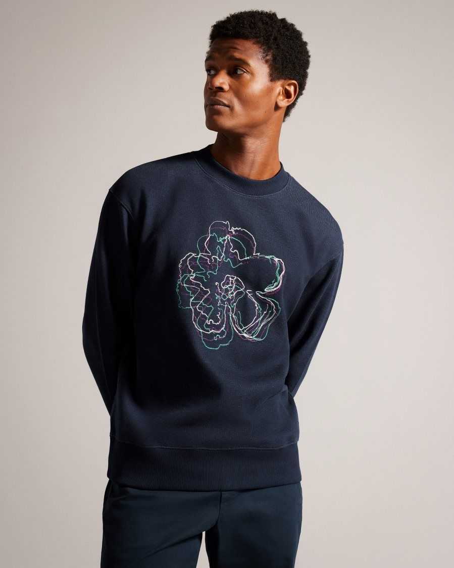 Ted Baker Carick Long Sleeve Embroidered Flower Sweatshirt Navy | 6301589-DZ