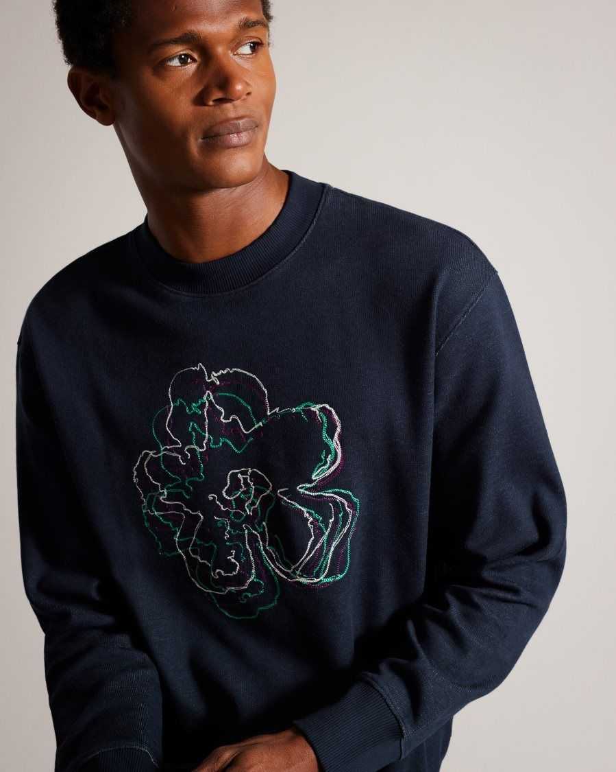 Ted Baker Carick Long Sleeve Embroidered Flower Sweatshirt Navy | 6301589-DZ