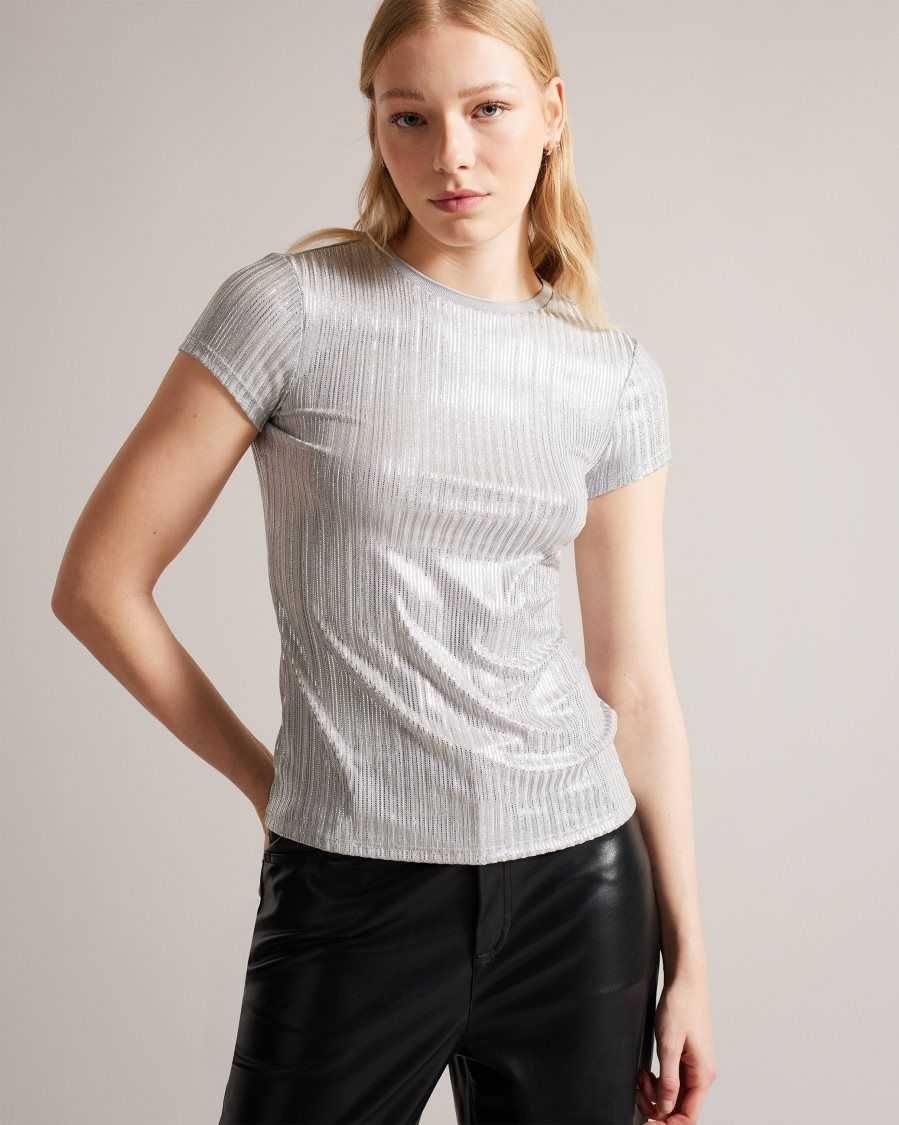 Ted Baker Catrino Metallic Fitted T Shirt Silver | 4126978-KR