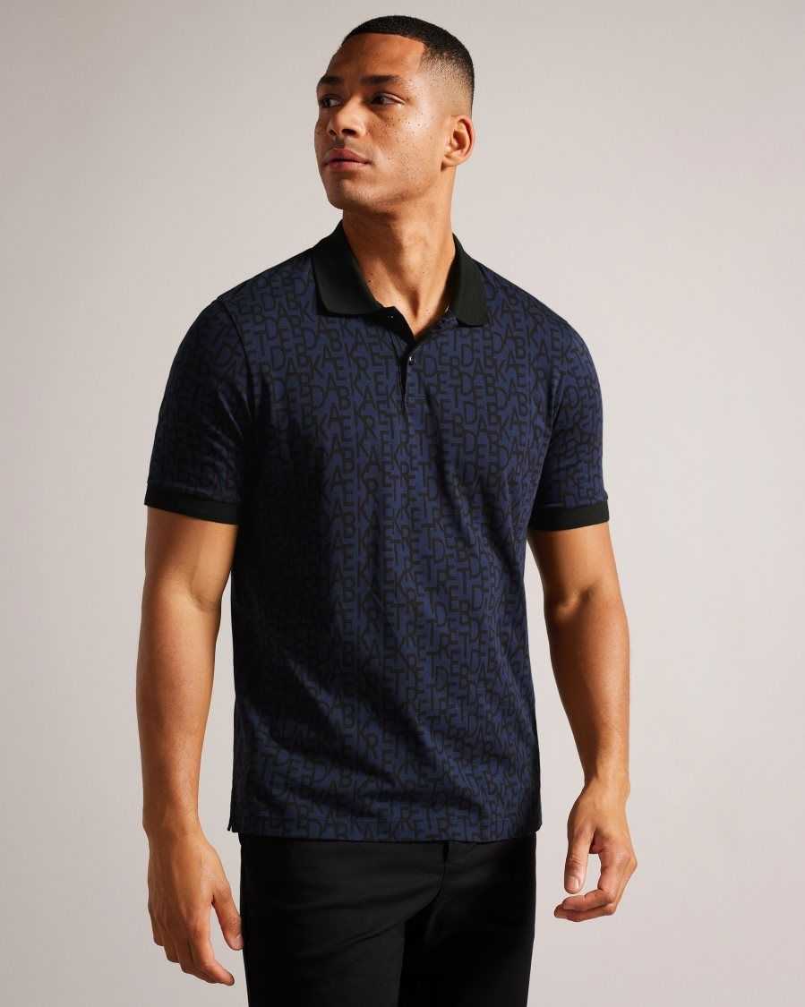 Ted Baker Chapar Short Sleeve Regular Fit Branded Print Polo Shirt Navy-Blue | 0617294-OU