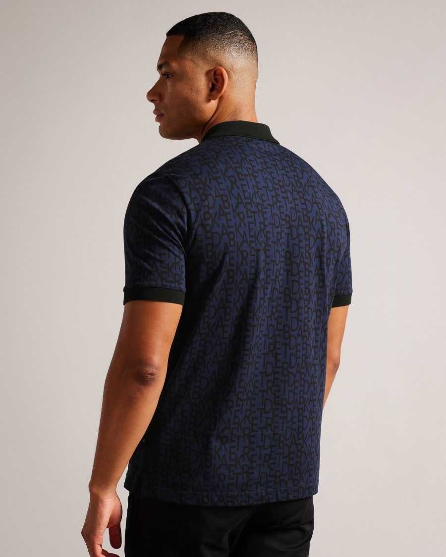 Ted Baker Chapar Short Sleeve Regular Fit Branded Print Polo Shirt Navy-Blue | 0617294-OU