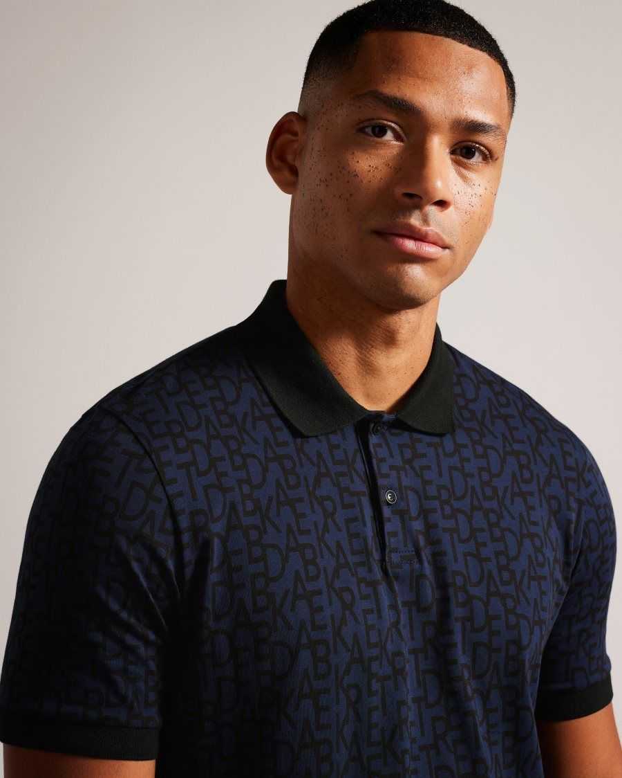 Ted Baker Chapar Short Sleeve Regular Fit Branded Print Polo Shirt Navy-Blue | 0617294-OU