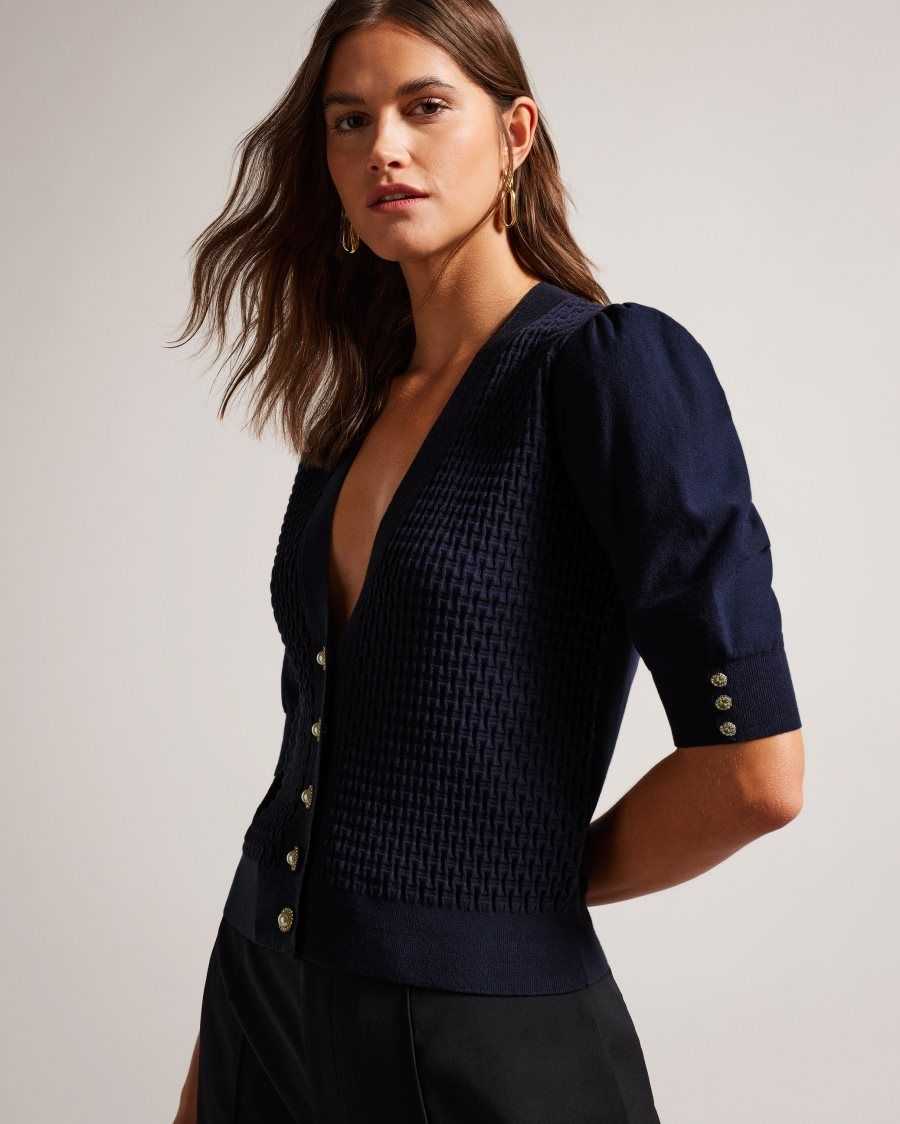 Ted Baker Charess Cropped Cardigan with Diamante Buttons Dark Blue | 2963751-KN