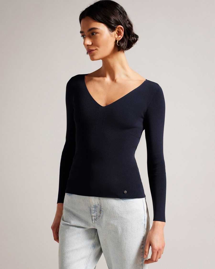 Ted Baker Cileste V Neck Slim Fit Knit Top Dark Blue | 4153928-KG