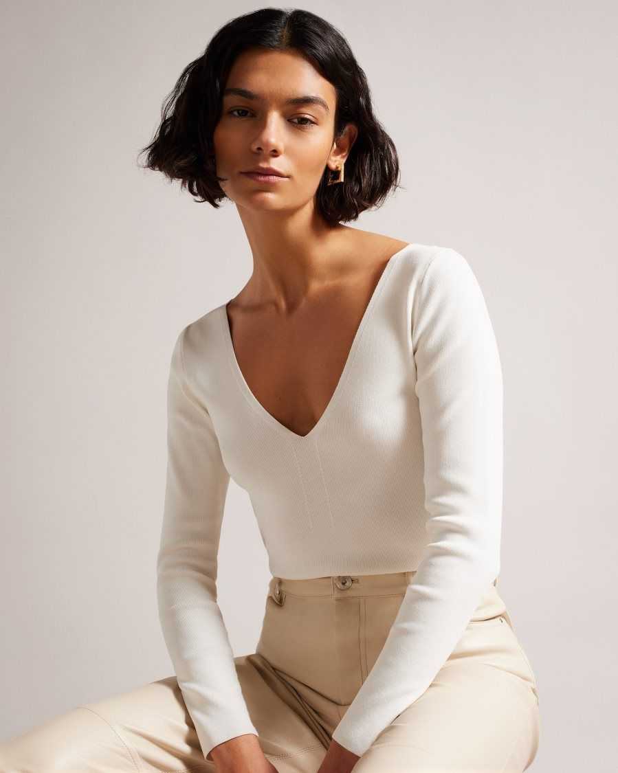 Ted Baker Cileste V Neck Slim Fit Knit Top Ivory | 4182365-GX