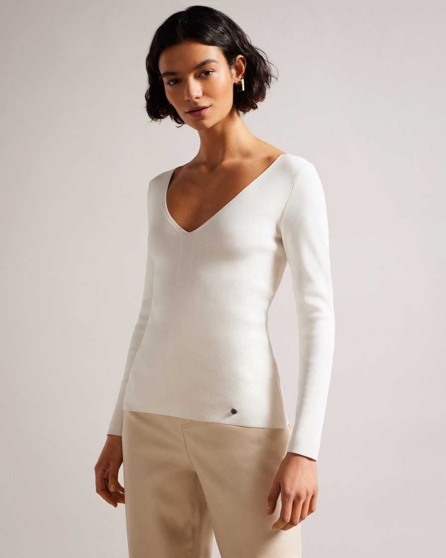 Ted Baker Cileste V Neck Slim Fit Knit Top Ivory | 4182365-GX