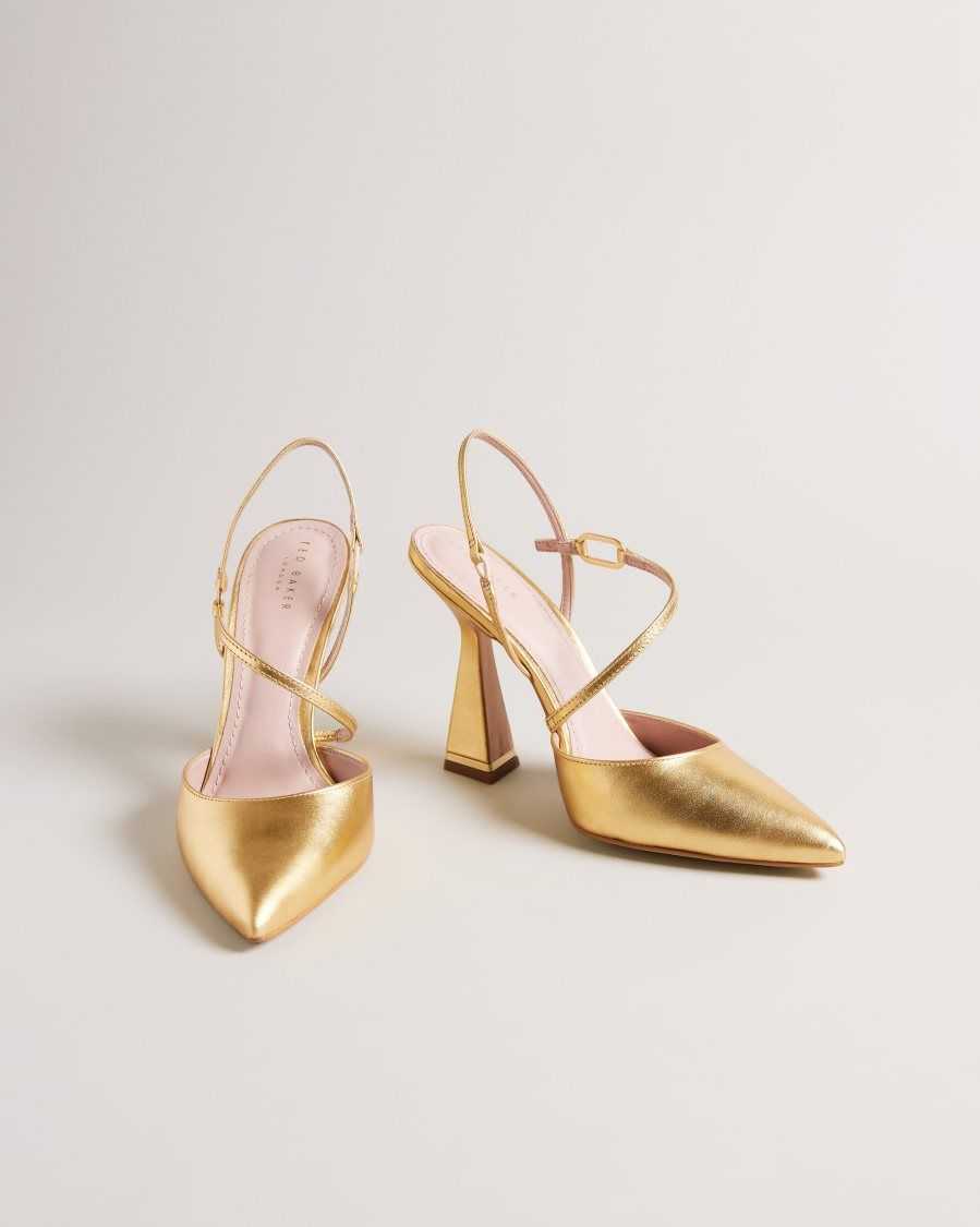 Ted Baker Coriana Geometric Heel Pointed Court Shoes Gold | 5786403-YR