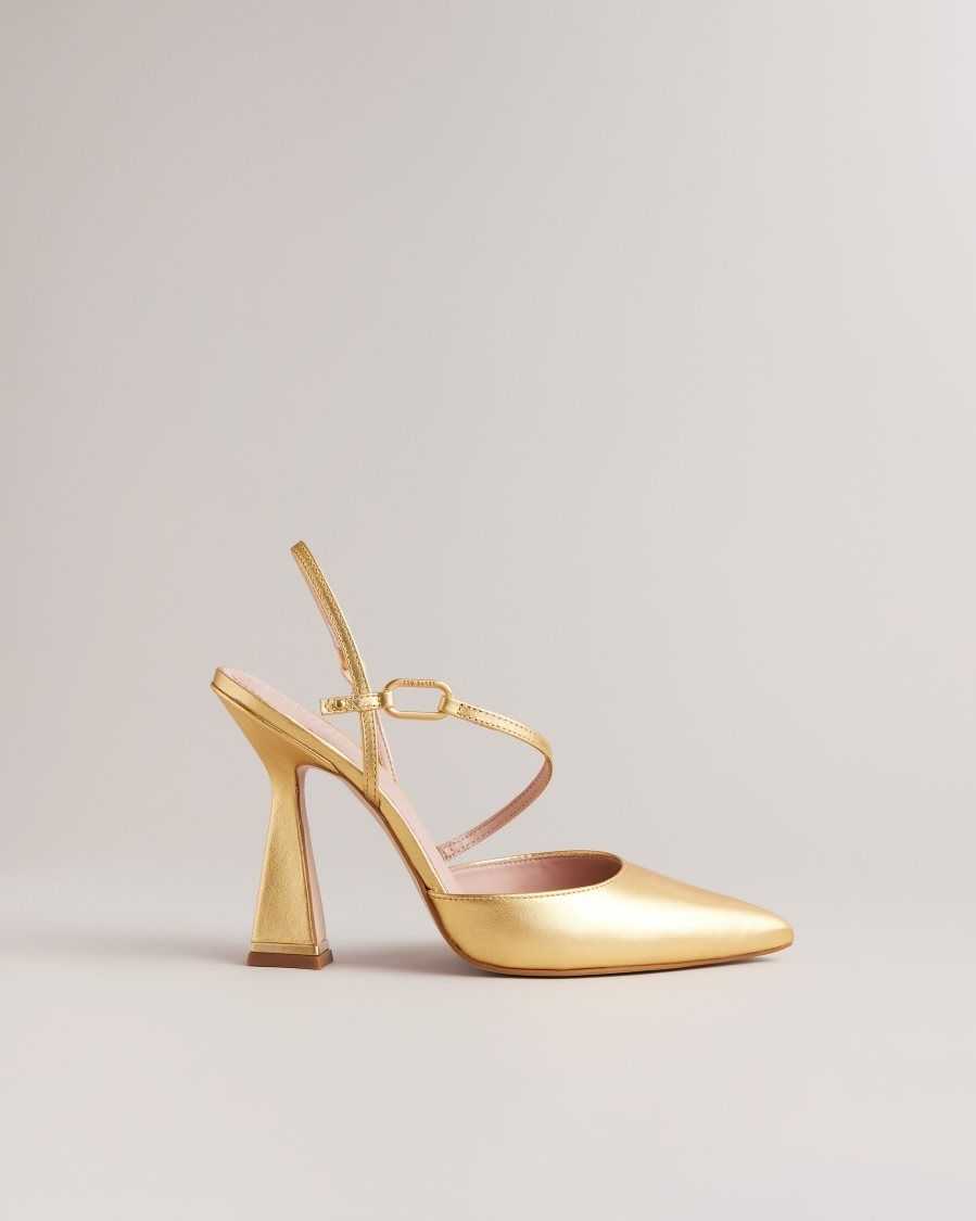 Ted Baker Coriana Geometric Heel Pointed Court Shoes Gold | 5786403-YR