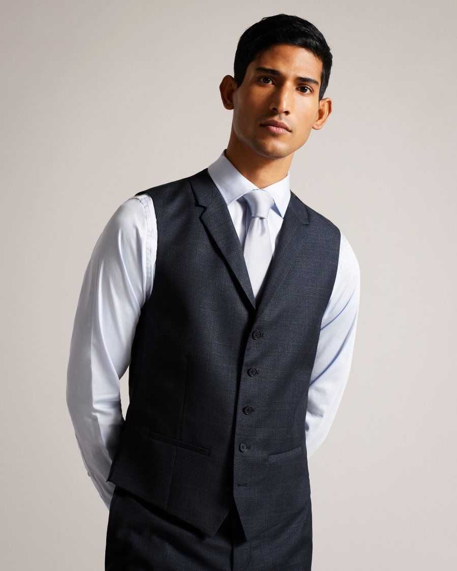 Ted Baker Cromaws Wool Blend Check Waistcoat Navy | 8149367-GP