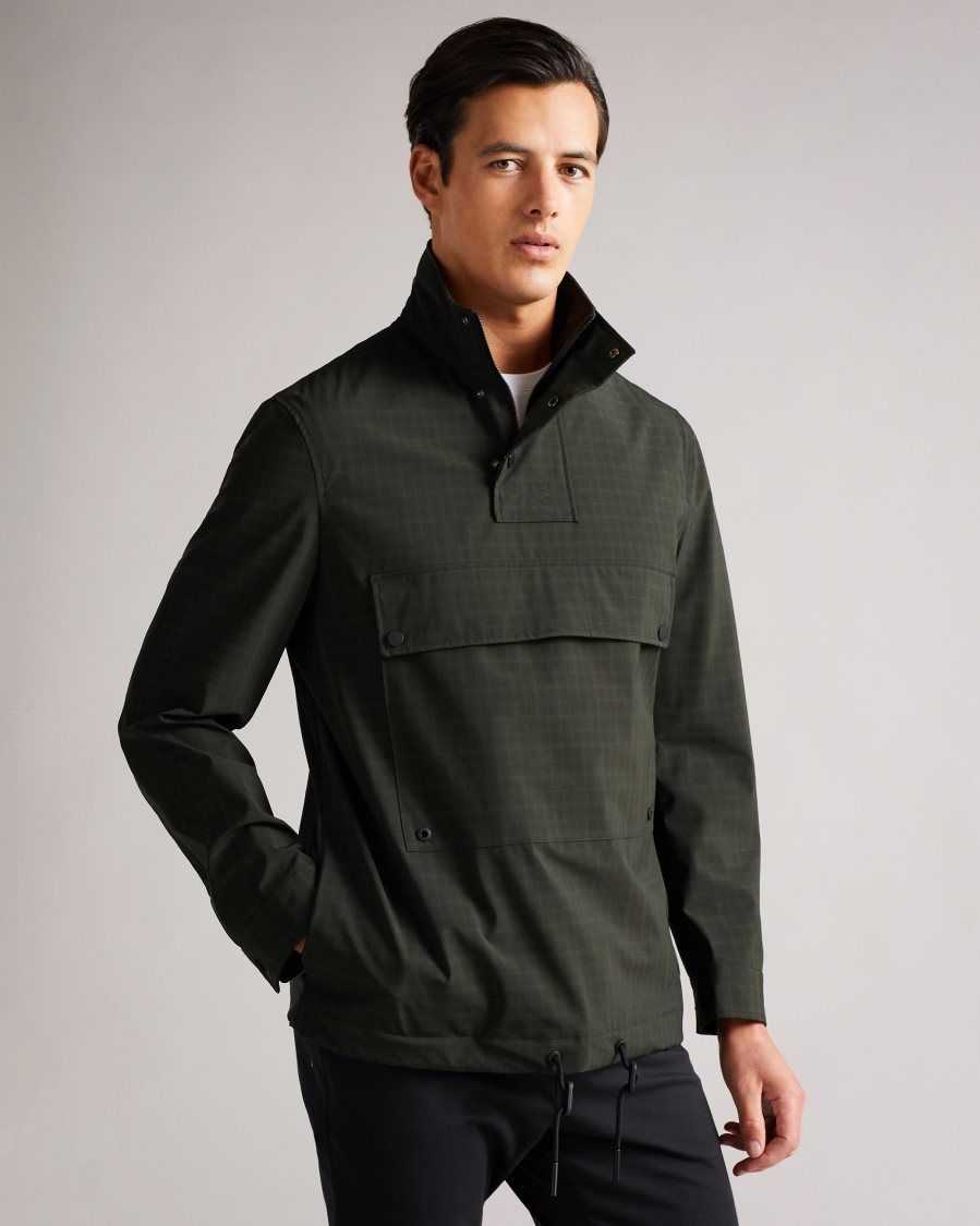 Ted Baker Dafen Checked Overhead Funnel Neck Jacket Khaki | 2856710-HN