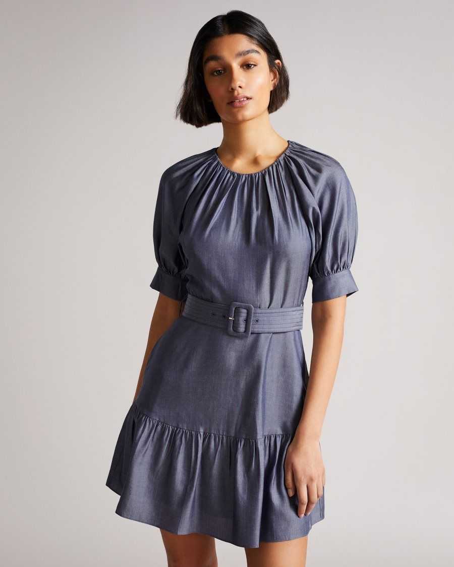 Ted Baker Damiale Belted Tiered Mini Dress Dark Blue | 2753146-WA