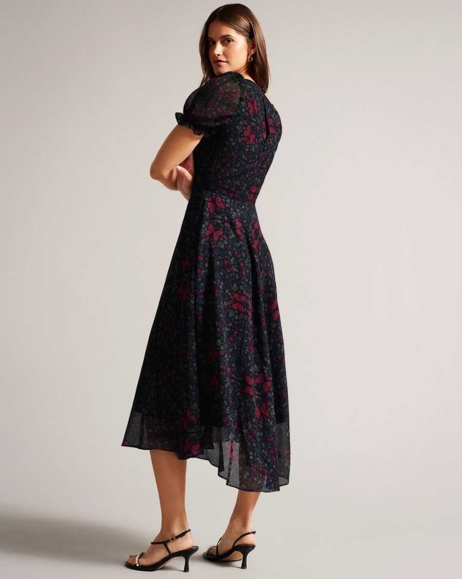 Ted Baker Daniaa Butterfly Print A-line Midi Dress Black | 8293764-IJ