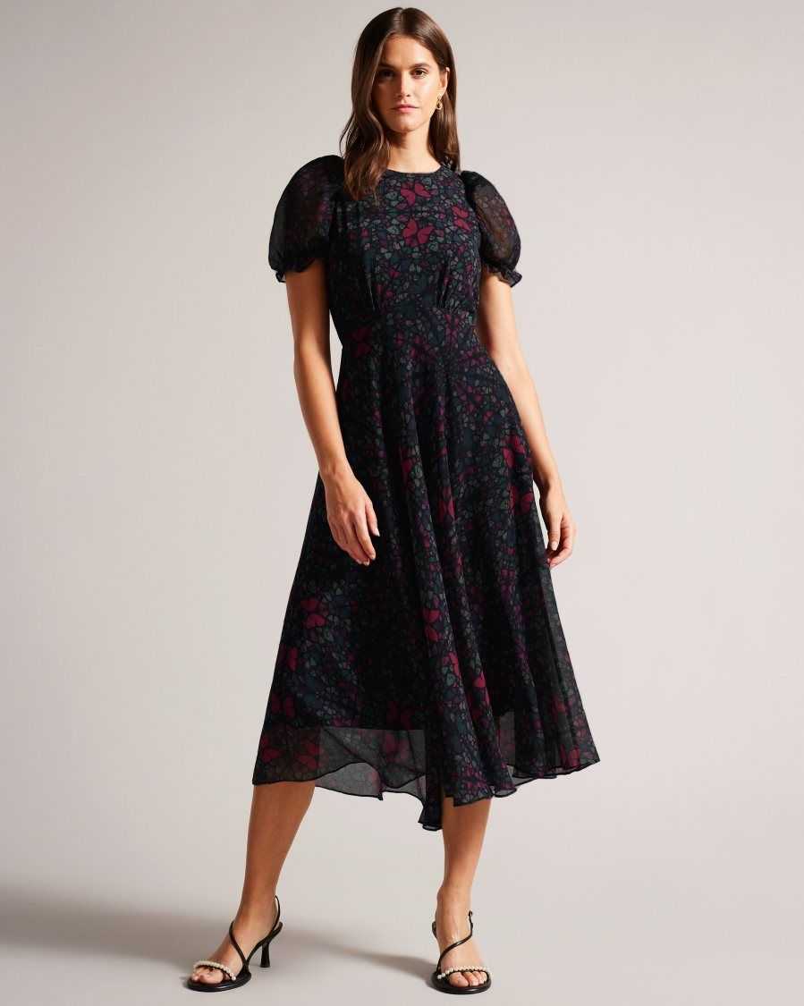 Ted Baker Daniaa Butterfly Print A-line Midi Dress Black | 8293764-IJ