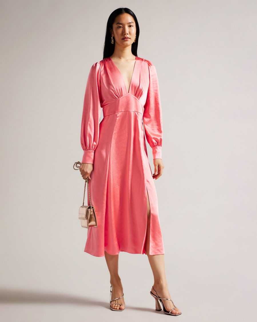 Ted Baker Daniia Satin Midi Dress With Blouson Sleeve Coral | 0718426-VQ