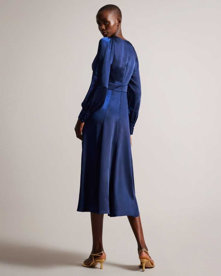 Ted Baker Daniia Satin Midi Dress With Blouson Sleeve Dark Blue | 5742810-FZ